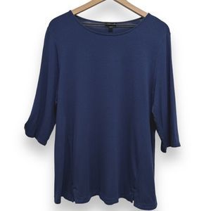 J Jill Wearever 3/4 Sleeve Blue Knit Blouse Large Casual Minimalist Classic